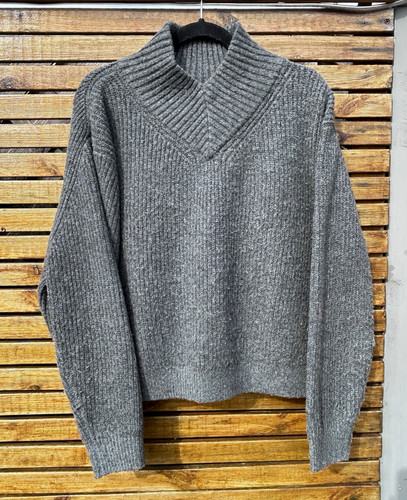 Women grey rib - rib-knit, v-neck