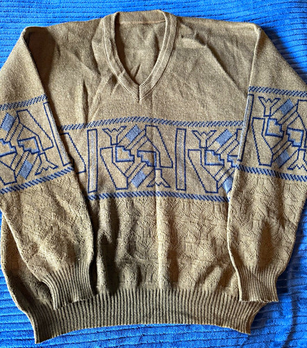 Beige blue wool geometric - wool,