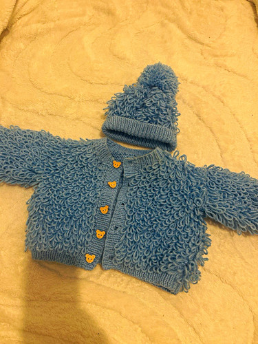 Blue knit loopy cardigan - knit,